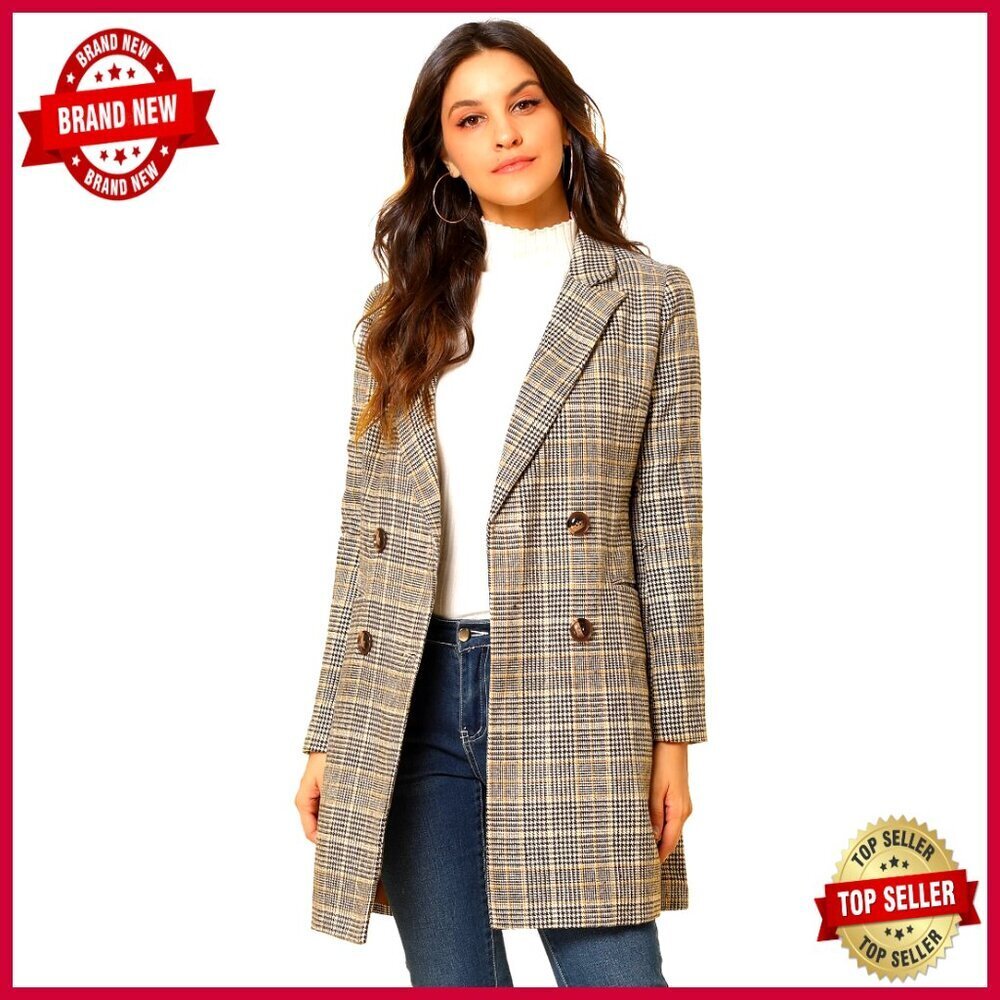 Double Breasted Plaid Trench Blazer Coat Notched Lapel Regular Fit